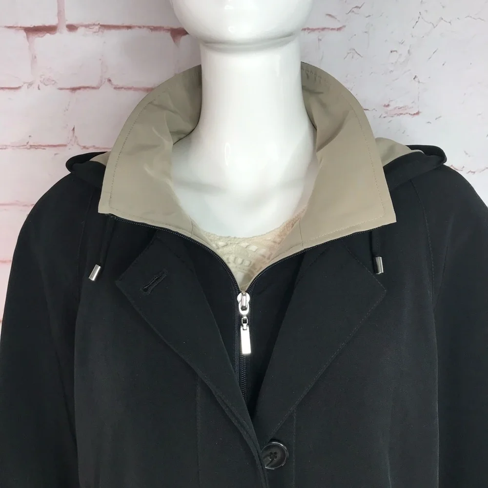 GALLERY Black & Taupe Trench Coat Raincoat detach Hood Size Medium 37” Length - Picture 11 of 16